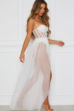 White Tulle Mesh Bandeau Maxi Dress