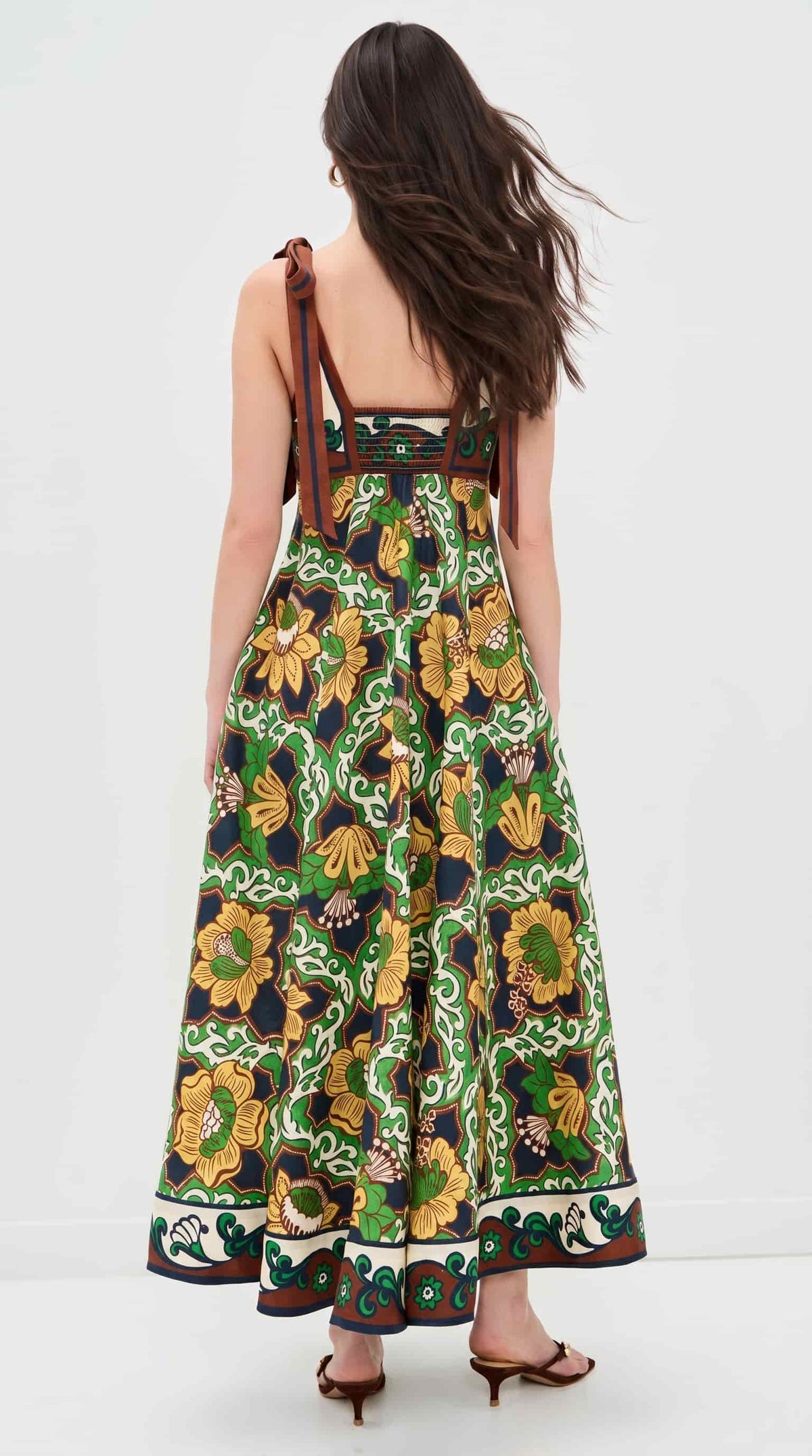 Green Floral Shoulder-Tie Maxi Dress