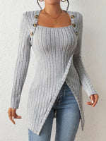 Ribbed Knit Asymmetrical Hem T-Shirt