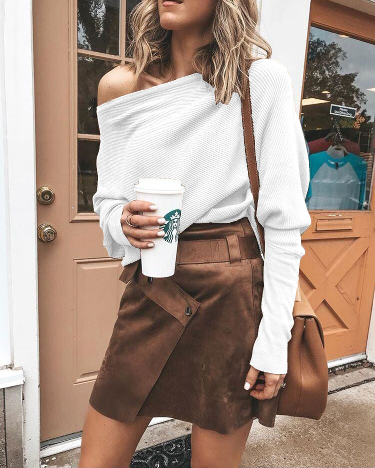 One-shoulder Neck Ribbed Knit T-shirt Top