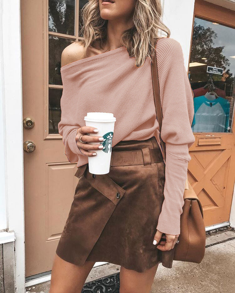One-shoulder Neck Ribbed Knit T-shirt Top