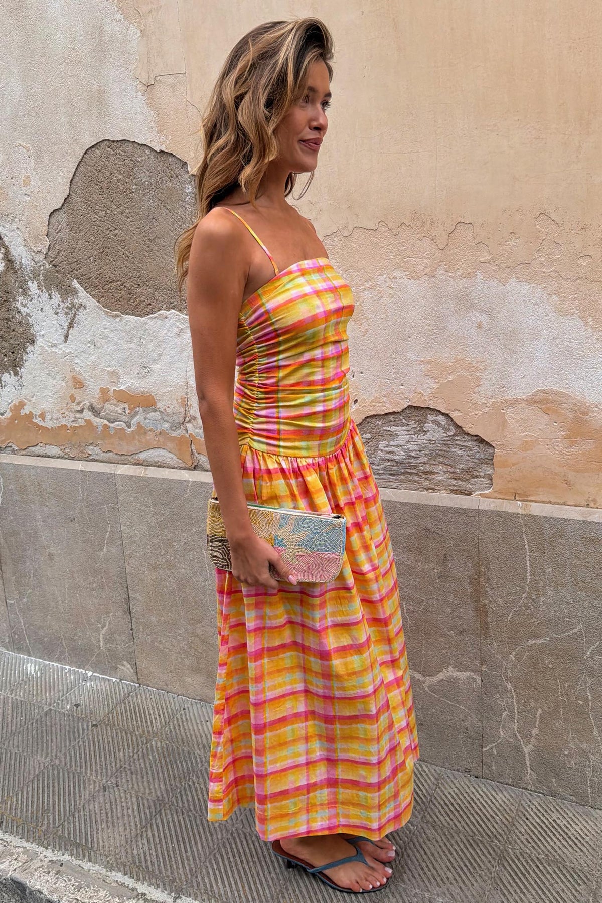Yellow Pink Plaid Slip Midi Dress