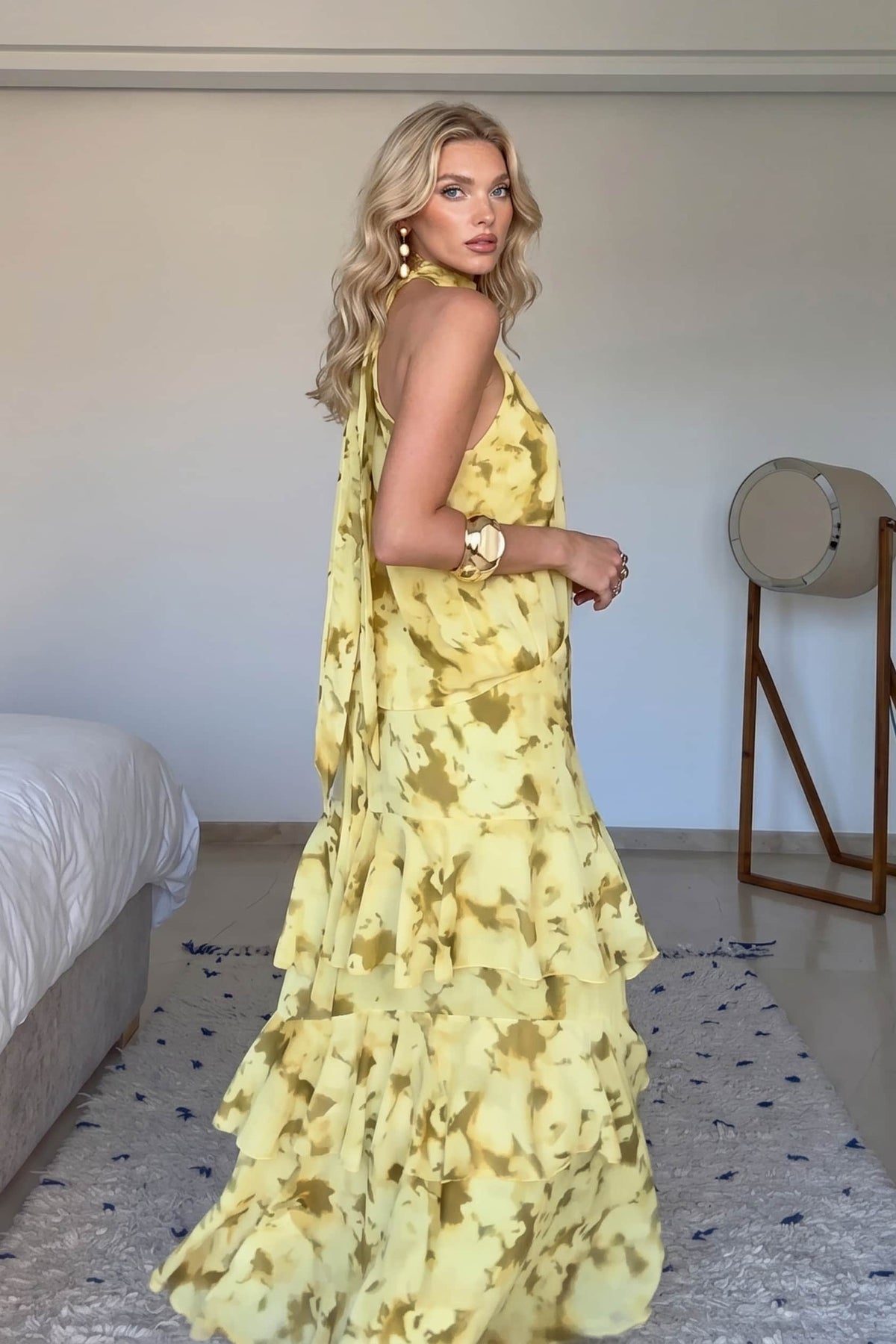 Yellow Halter Top And Ruffled Skirt Two-Piece Set