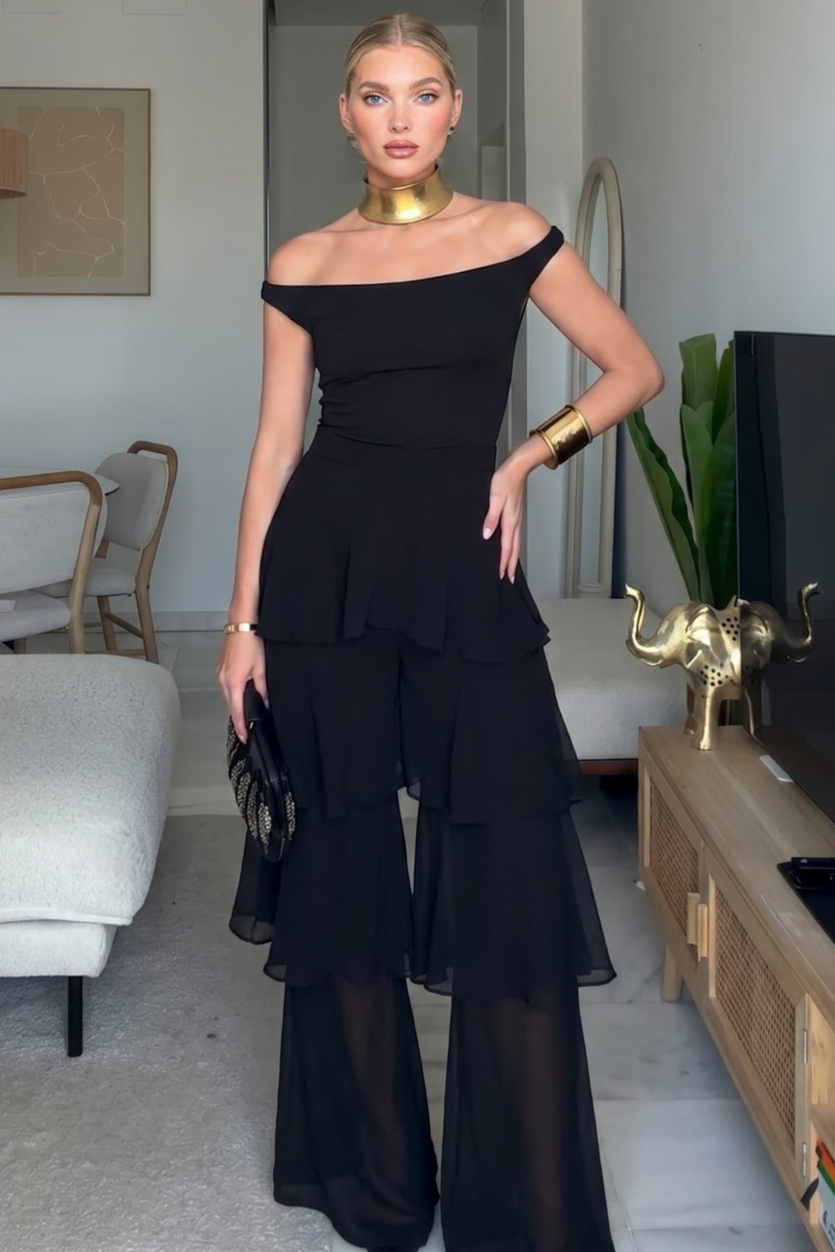 Off-shoulder Top And Ruffled Pants Two-Piece Suit