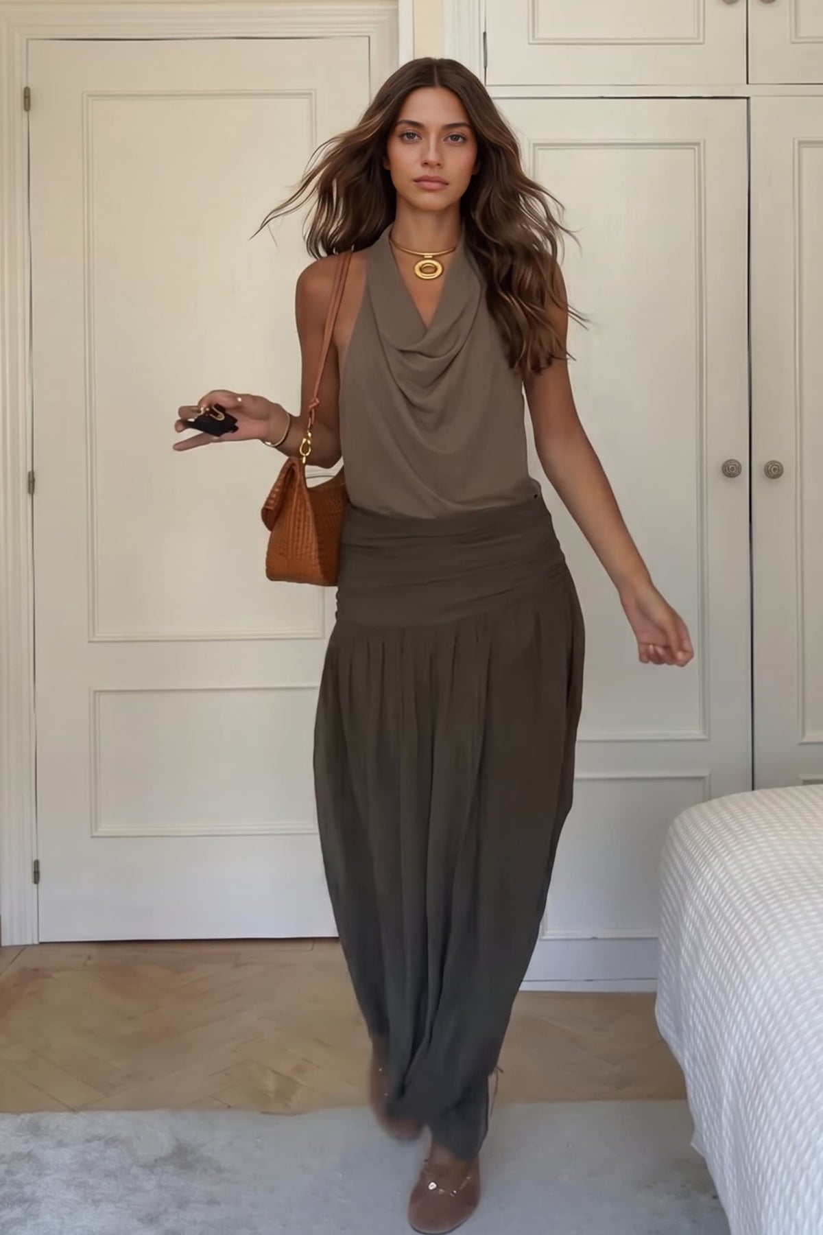 Brown Halter Top And Skirt Two-Piece Suit