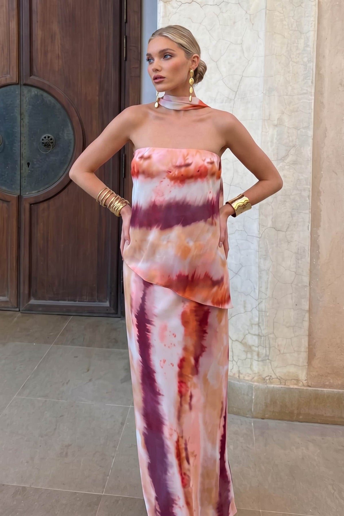 Red Dip Dye Bandeau Top And Skirt Two-Piece Set