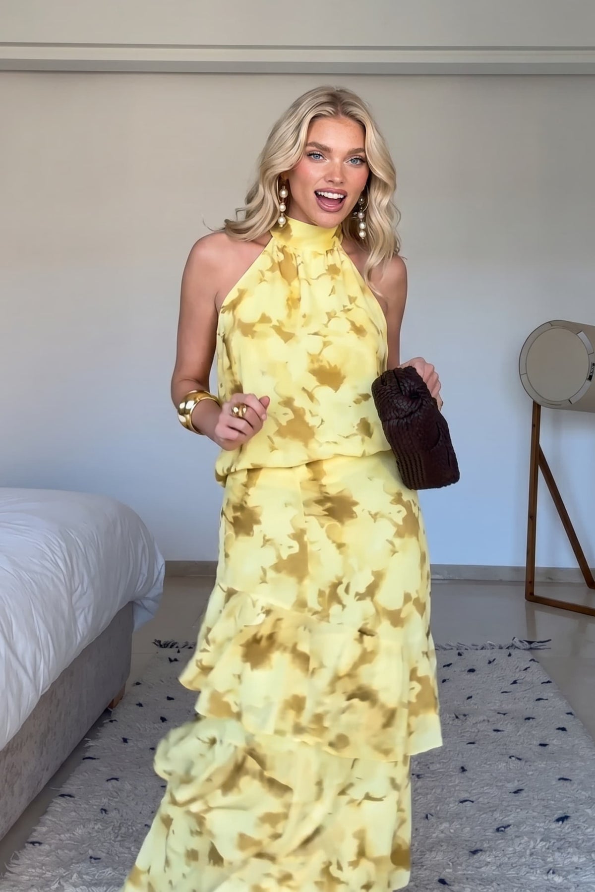 Yellow Halter Top And Ruffled Skirt Two-Piece Set