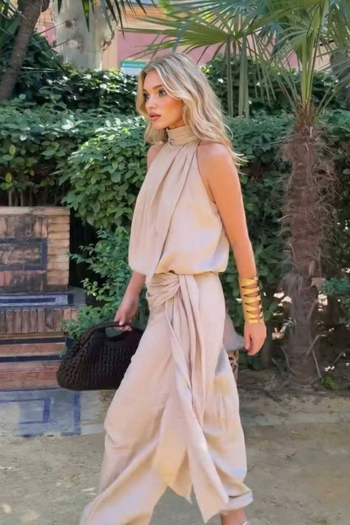 Khaki Cold Shoulder Top And Bloomers Two-Piece Set