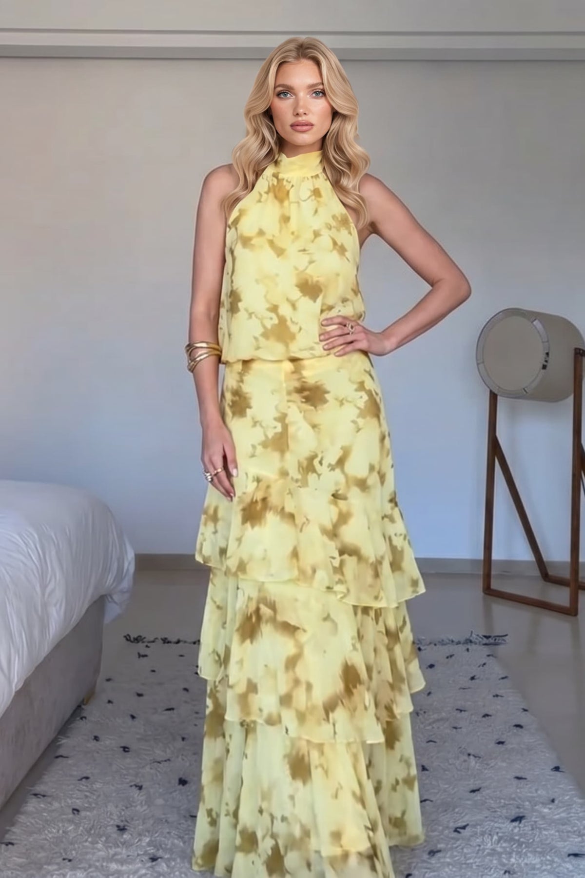 Yellow Halter Top And Ruffled Skirt Two-Piece Set