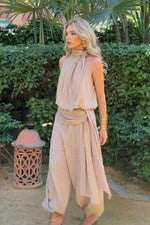 Khaki Cold Shoulder Top And Bloomers Two-Piece Set