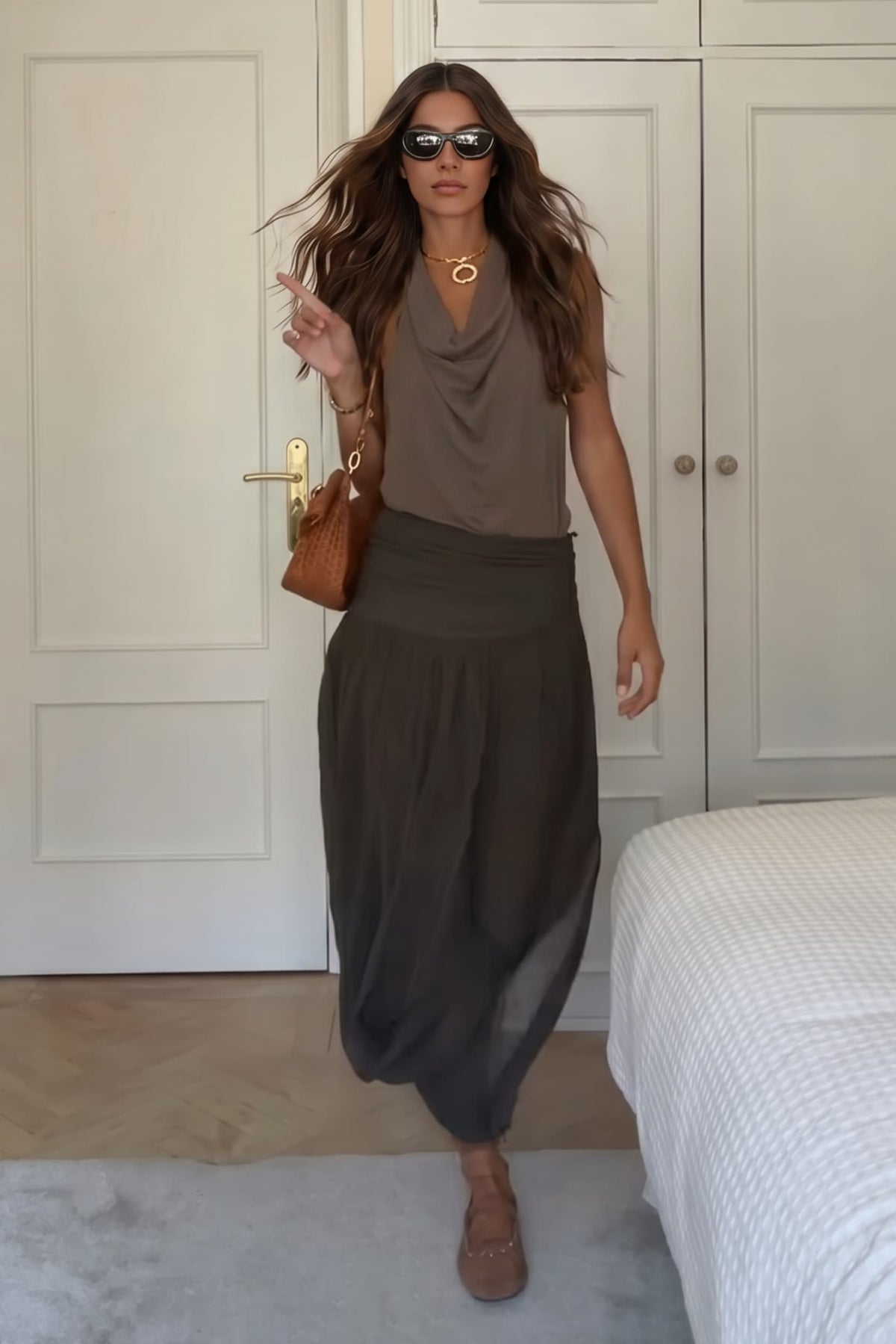Brown Halter Top And Skirt Two-Piece Suit