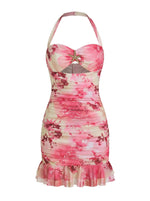 Pink Rose Print Backless Mini Dress