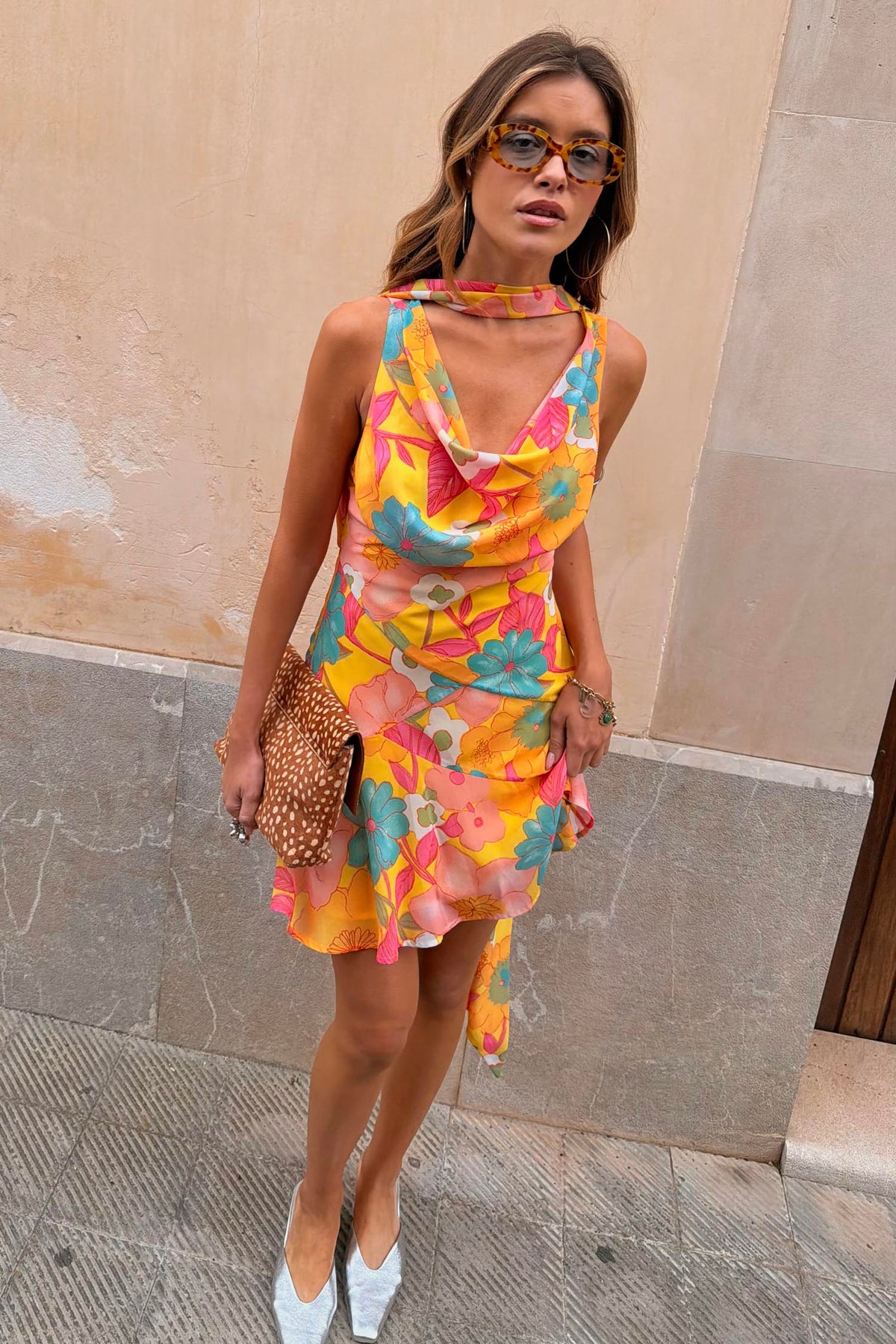 Yellow Floral Halter Mini Dress
