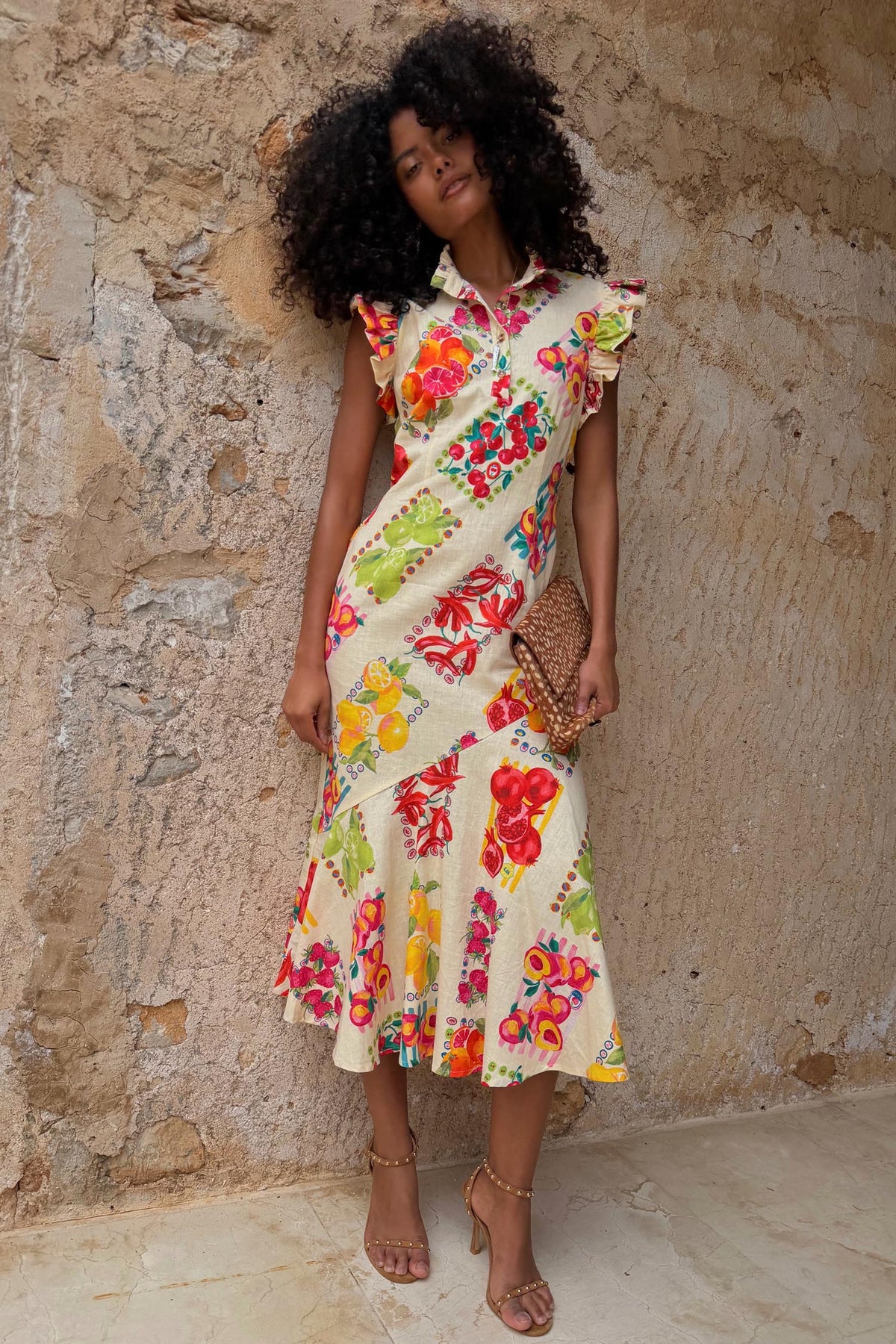 Colorful Fruit Stamps Slip Midi Dress