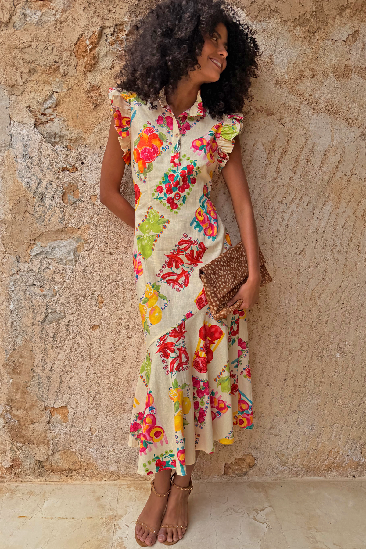 Colorful Fruit Stamps Slip Midi Dress