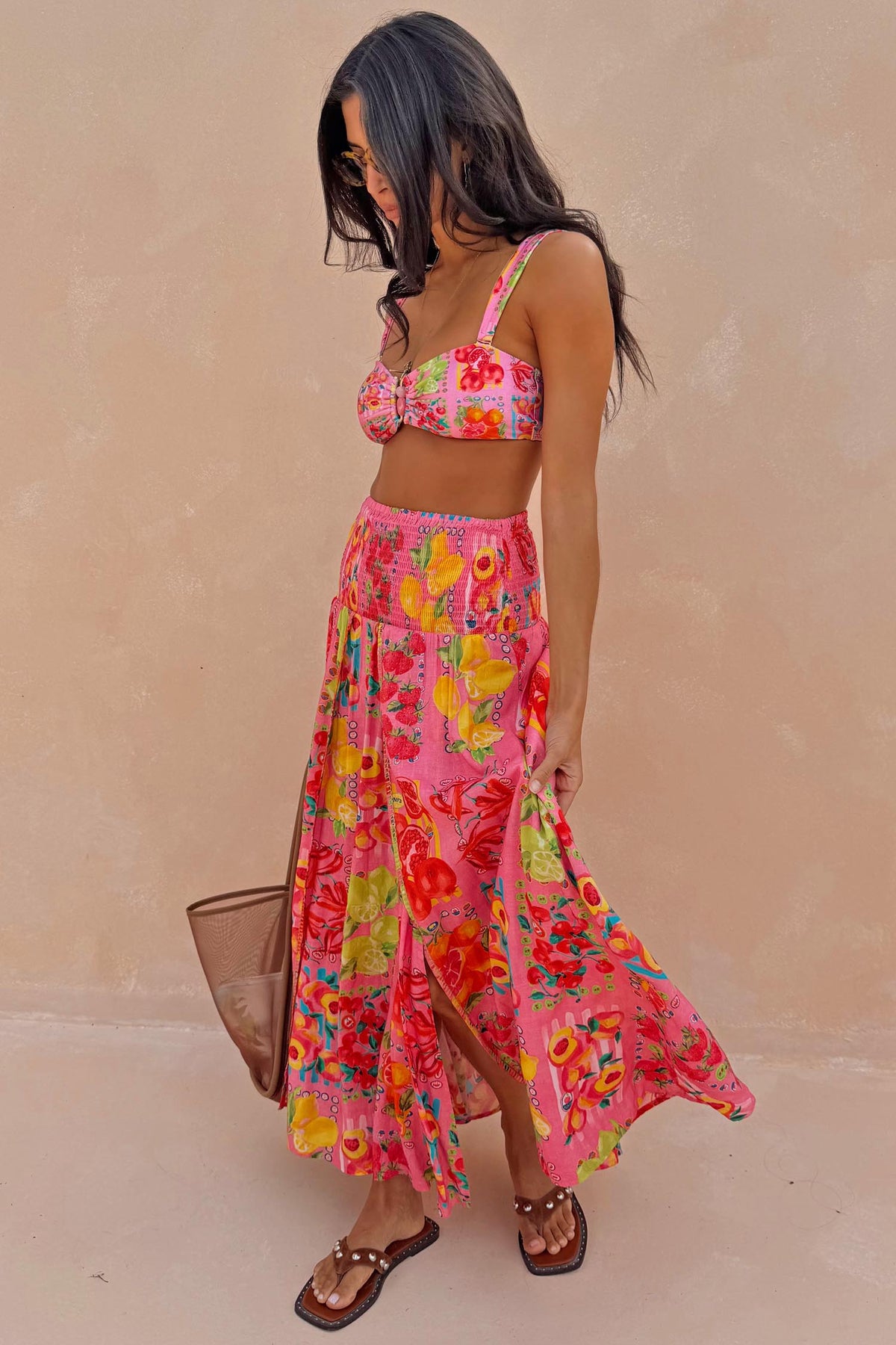 Pink Fruit Stamps Print Maxi Skirt