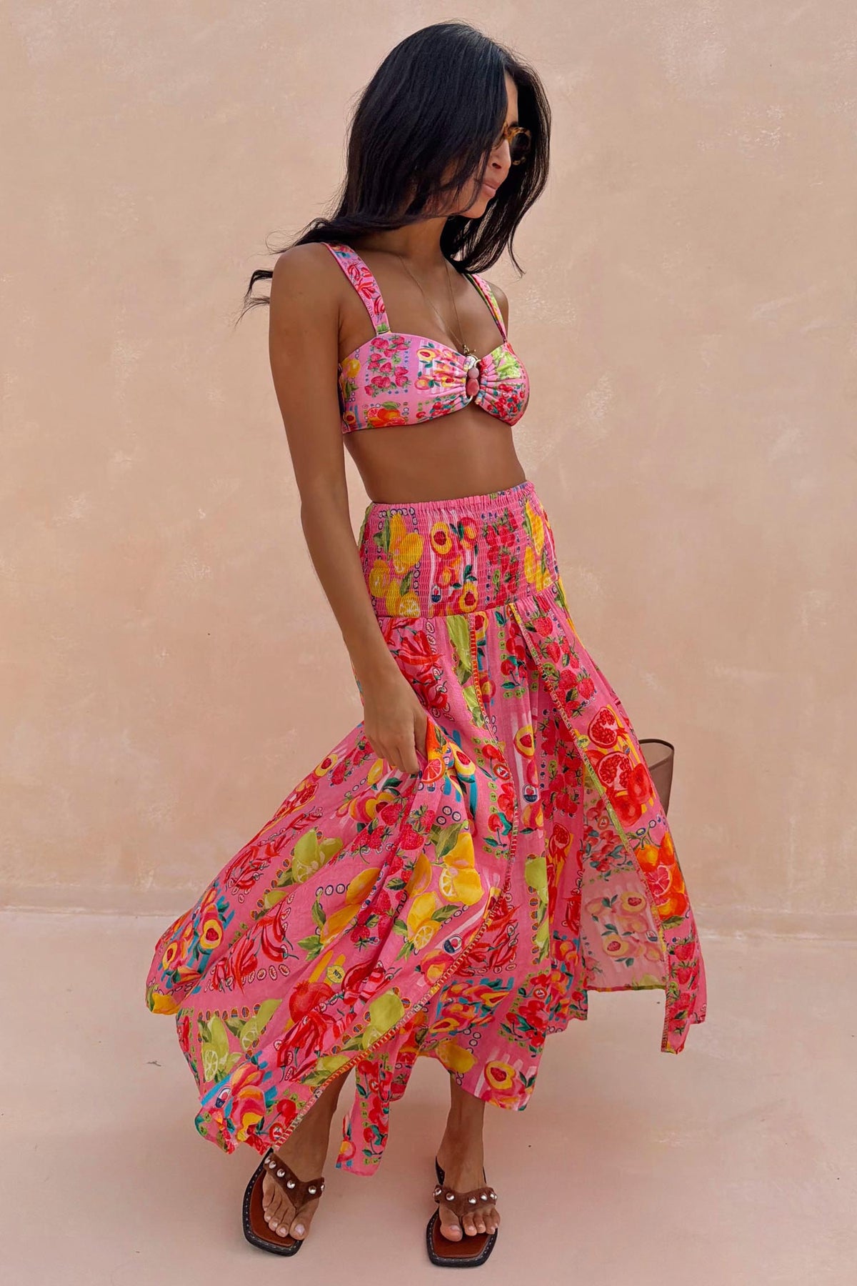 Pink Fruit Stamps Print Maxi Skirt