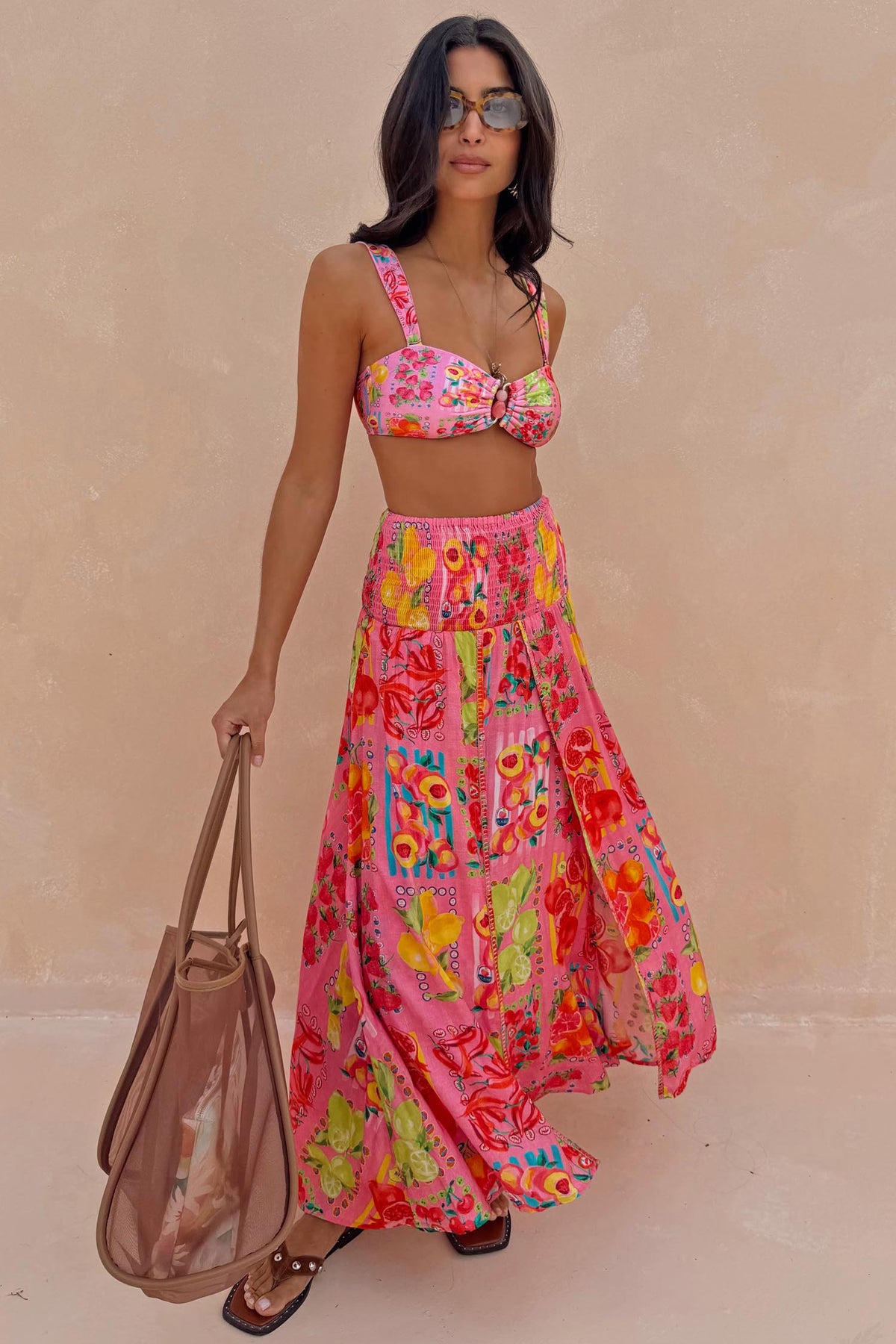 Pink Fruit Stamps Print Maxi Skirt