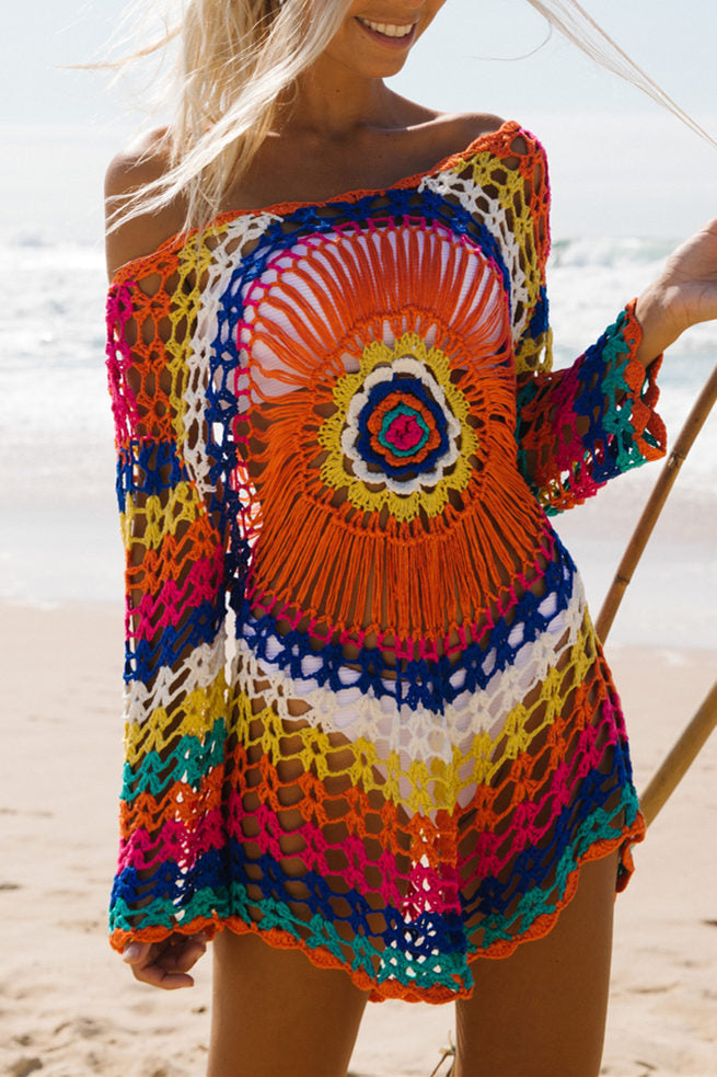 Colorful Crochet Knitted Cover Up Beach Dress