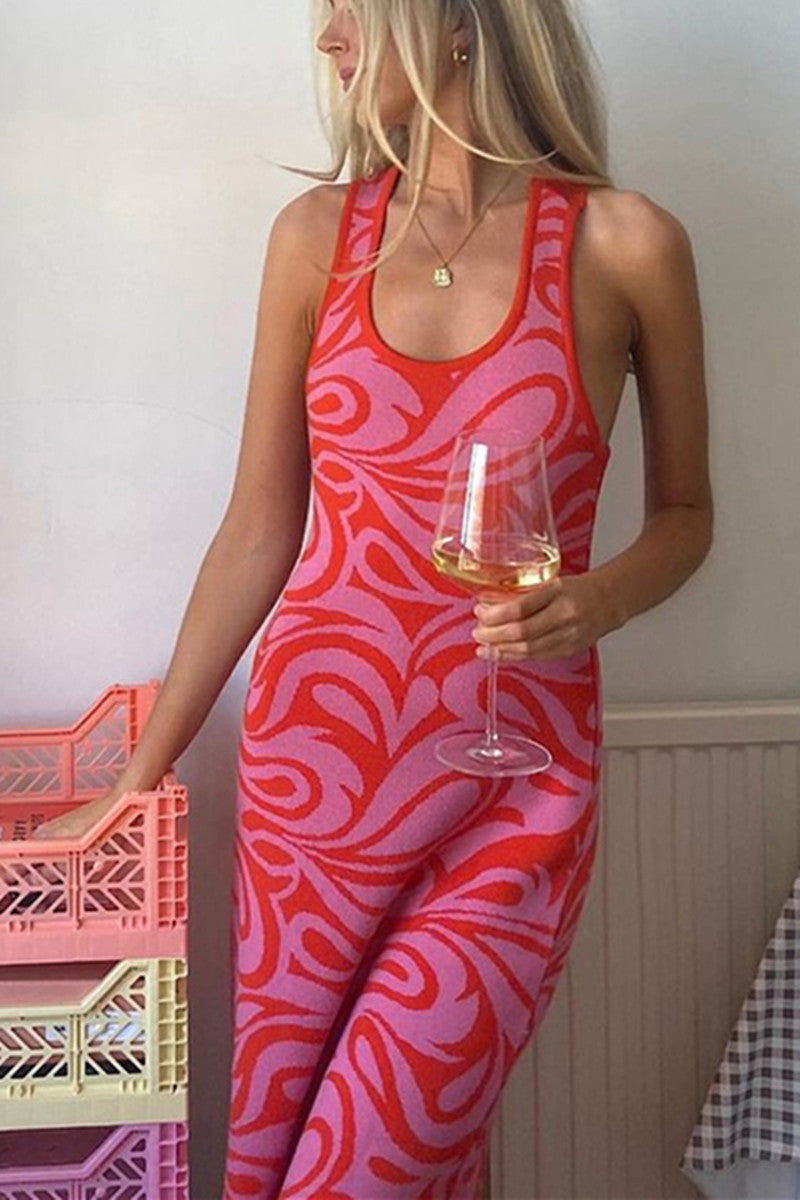 Pink Abstract Print Sleeveless Knit Dress