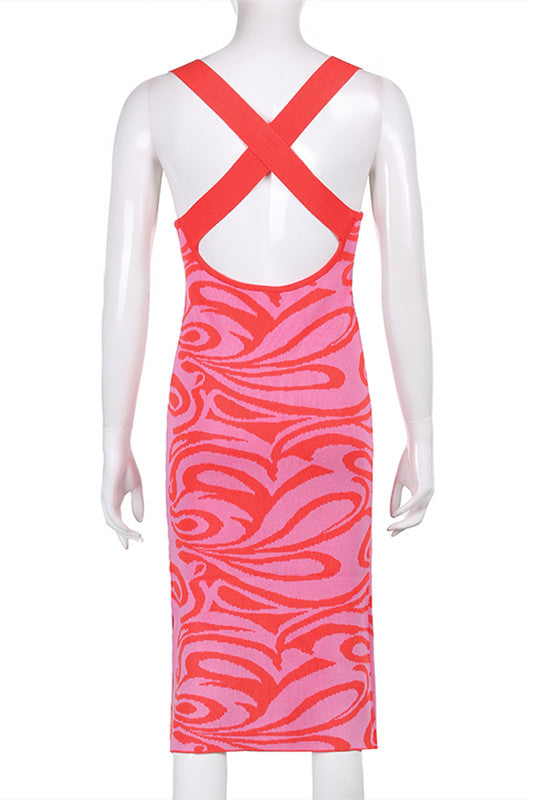 Pink Abstract Print Sleeveless Knit Dress