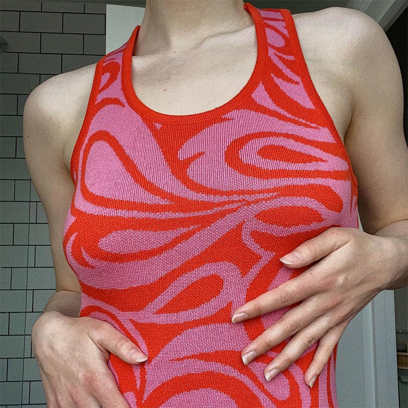 Pink Abstract Print Sleeveless Knit Dress