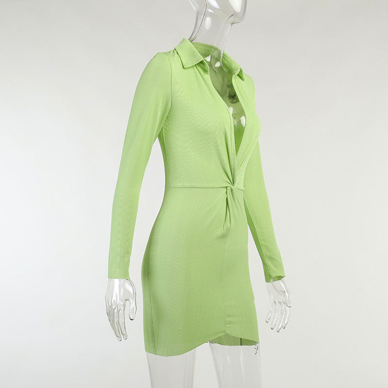 Green Front Twisted Mini Shirt Dress