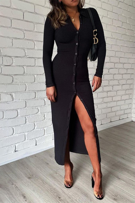 Black Button Down Midi Knit Dress