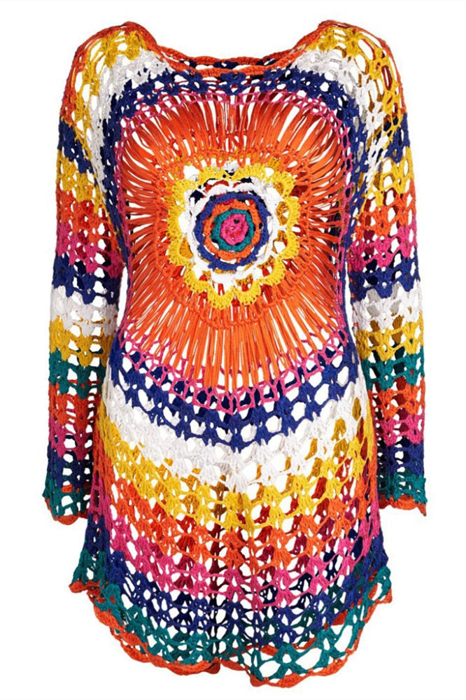 Colorful Crochet Knitted Cover Up Beach Dress