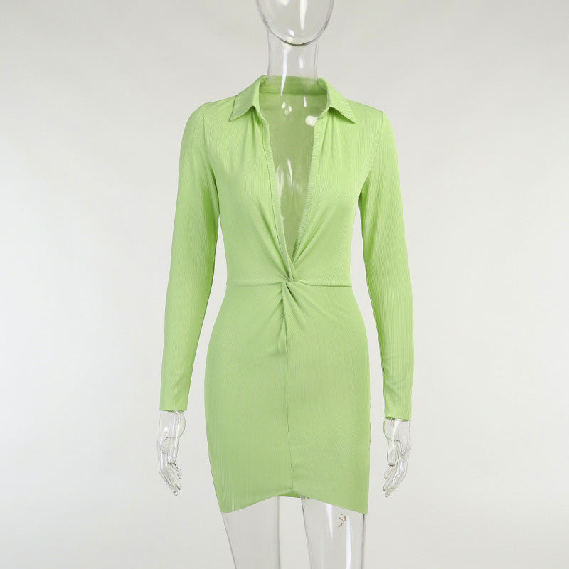 Green Front Twisted Mini Shirt Dress