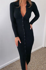 Black Button Down Midi Knit Dress