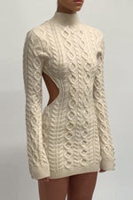 Beige Cable Knit Backless Wool Mini Dress
