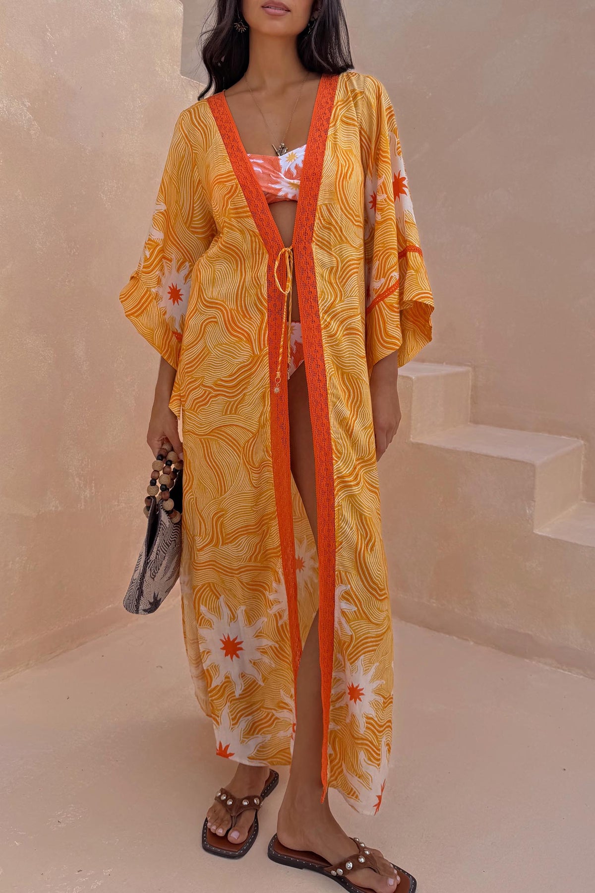 Yellow Sun Print Long Kimono