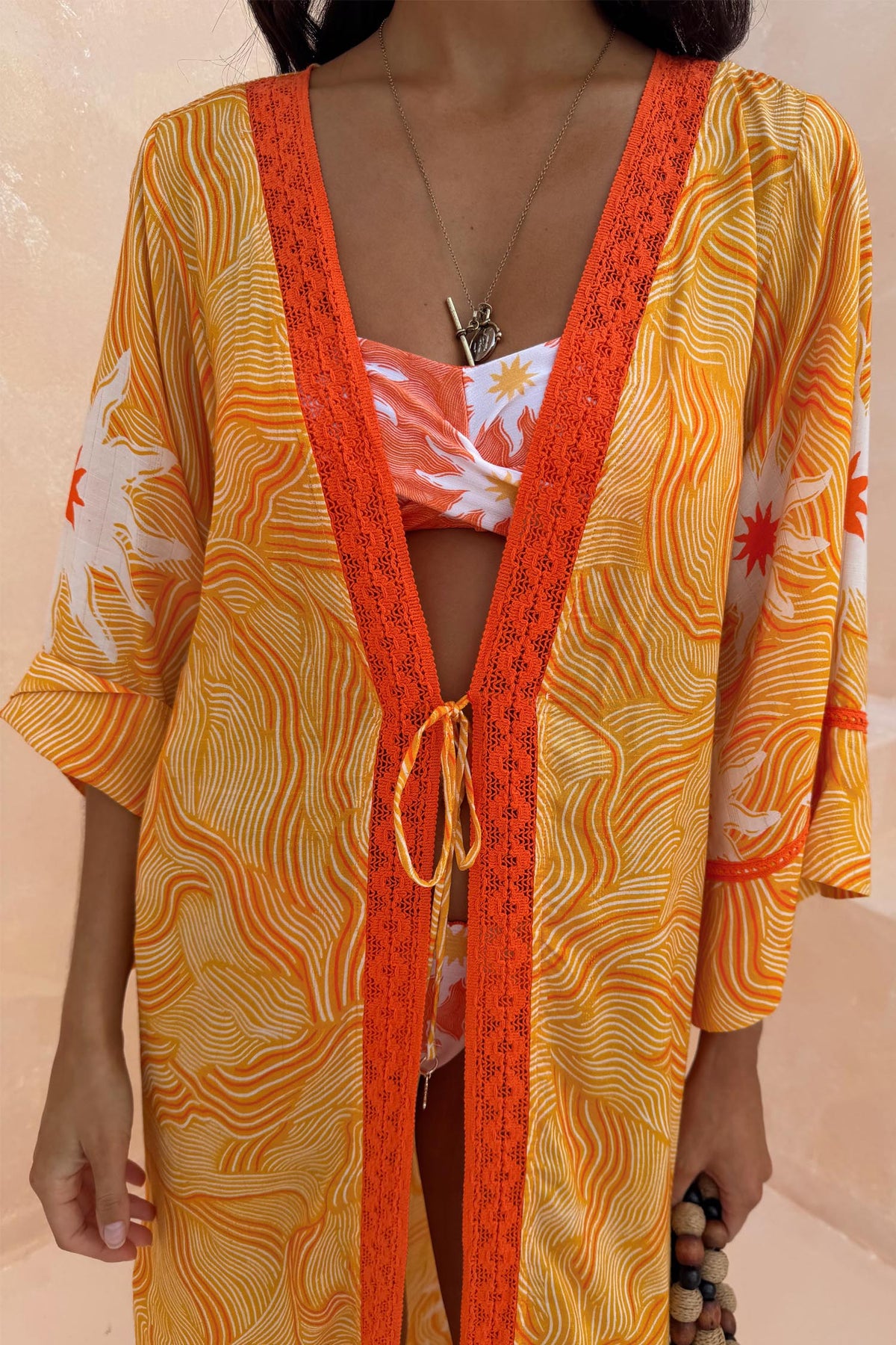 Yellow Sun Print Long Kimono