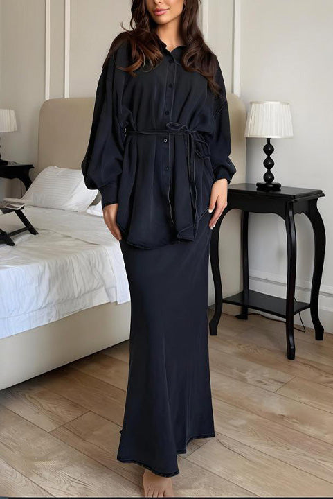 Long-sleeved Shirt Top and Maxi Skirt Two Piece Set