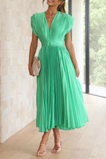 Satin Pleated V-Neck Midi Dress