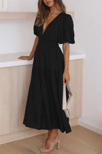 Solid Puff Sleeve Midi Dress