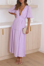 Solid Puff Sleeve Midi Dress