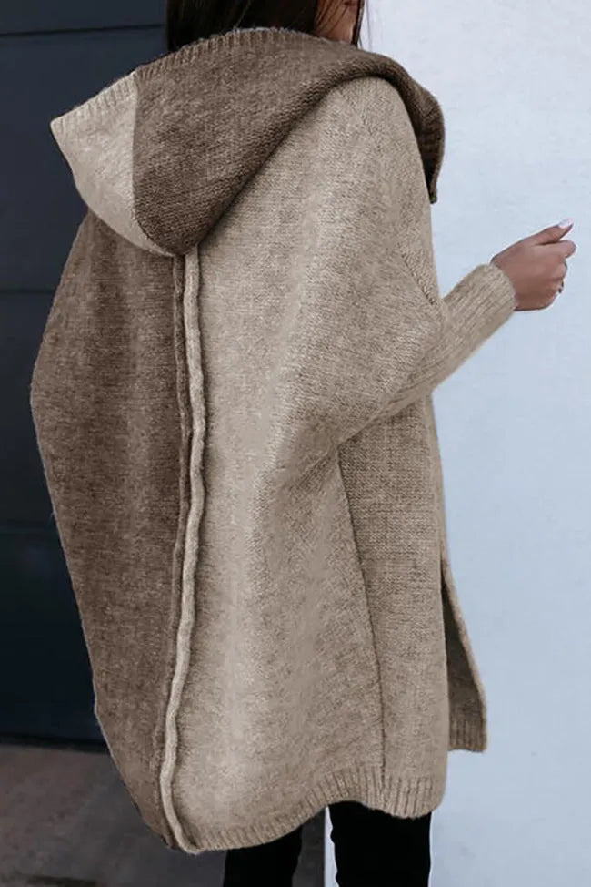 Brown Color Block Hooded Knit Cardigan Coat