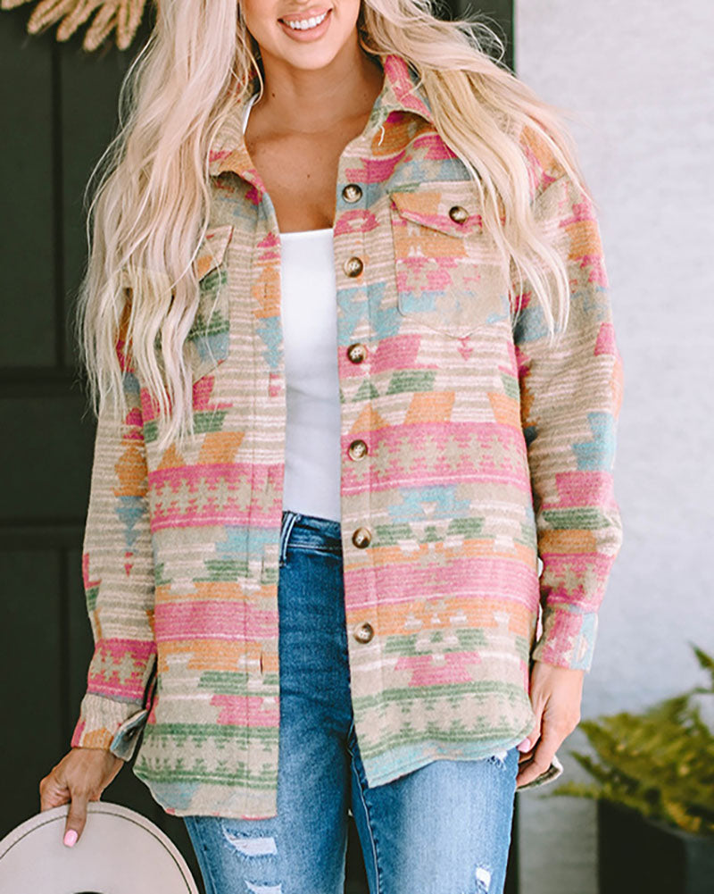 Pink Geo Print Button Down Jacket
