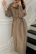 Buttoned Trim Knit Long Sleeves Sweater Dress