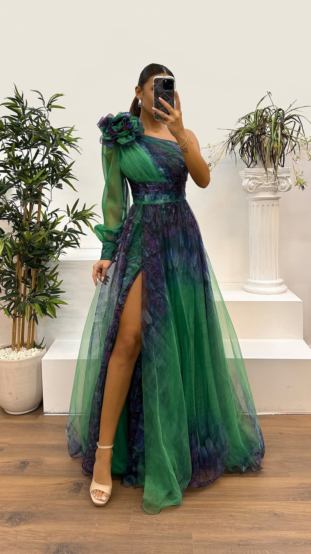 Rosette One-shoulder Mesh Maxi Dress