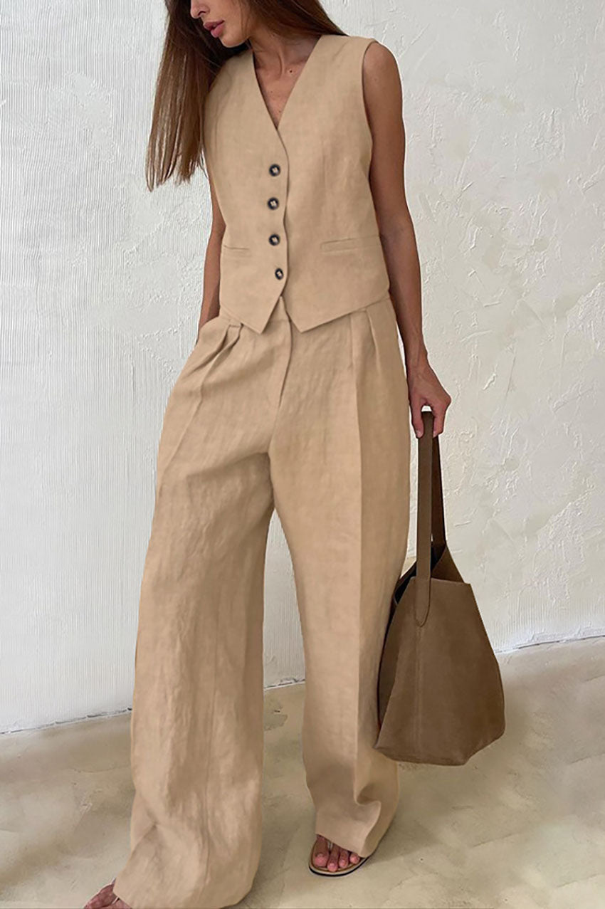 Casual Linen V-neck Vest and Pants Two Piece Suit