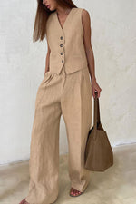 Casual Linen V-neck Vest and Pants Two Piece Suit