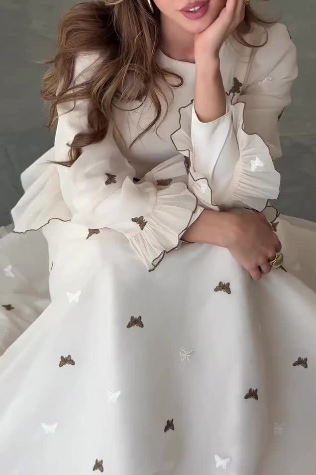 White Embroidery Butterfly Long Sleeves Maxi Dress