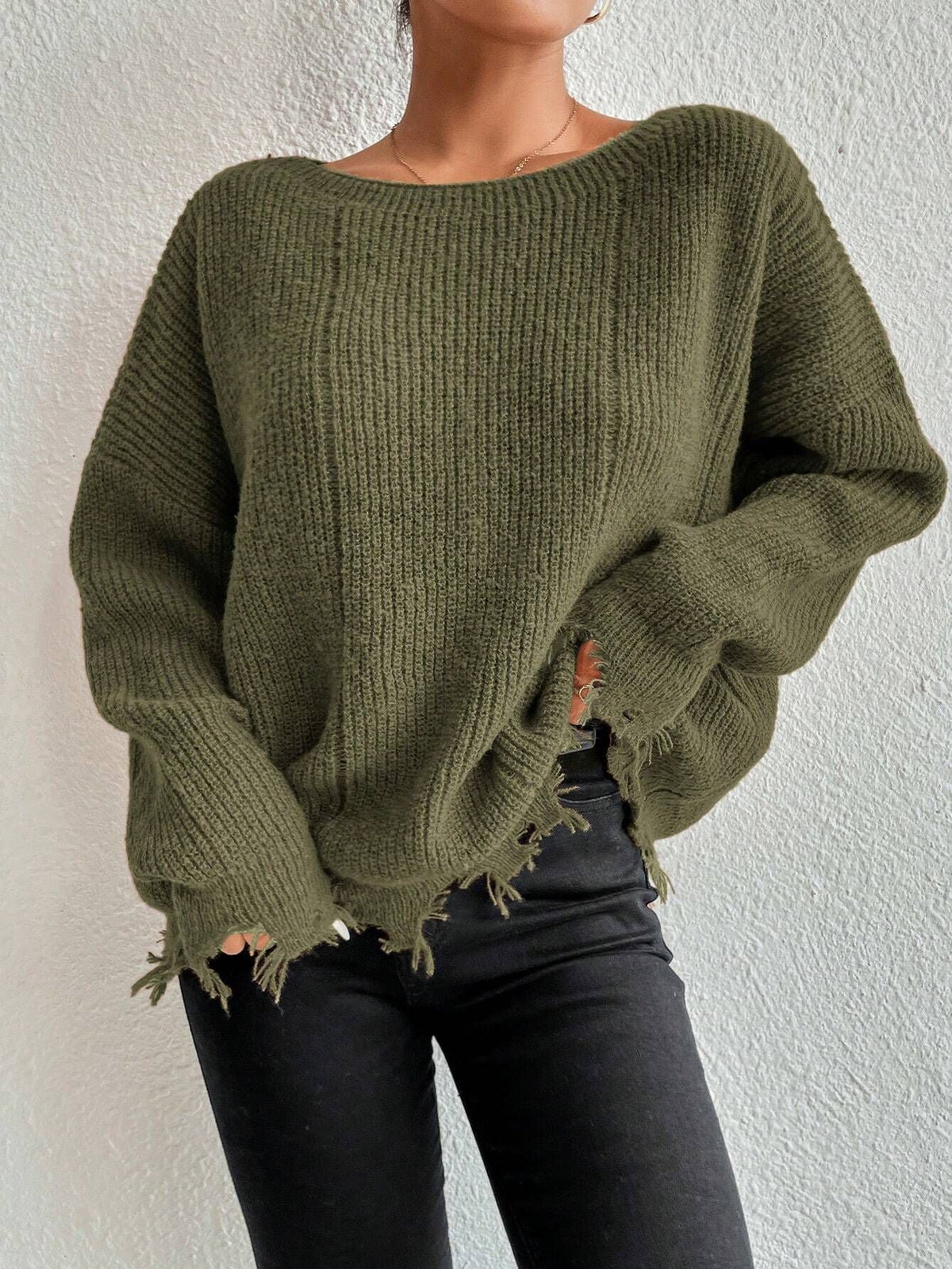 Solid Ripped Bottom Hemline Knit Sweater