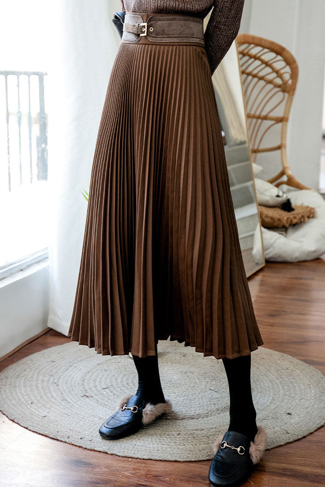 Solid Color Pleated Midi Skirt