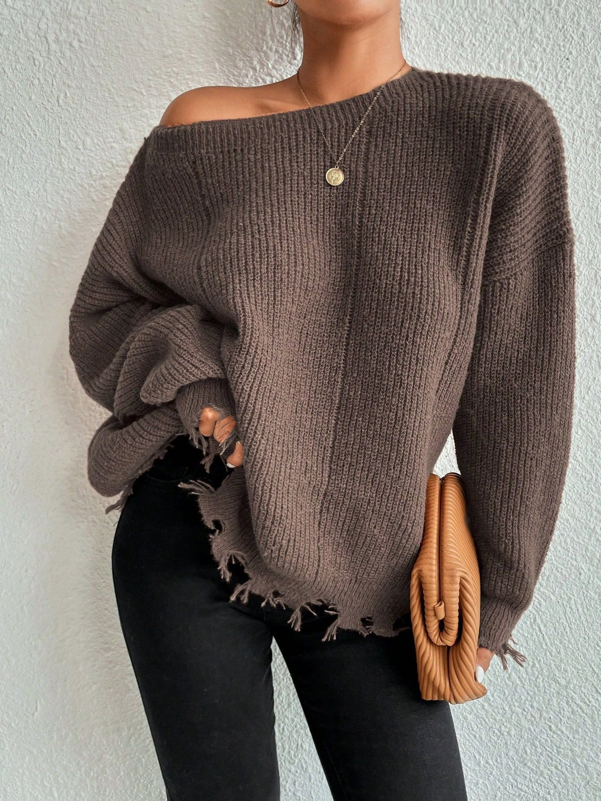 Solid Ripped Bottom Hemline Knit Sweater