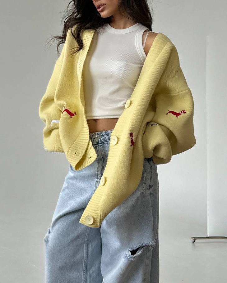 Embroidered Trim Single-breasted knit Cardigan