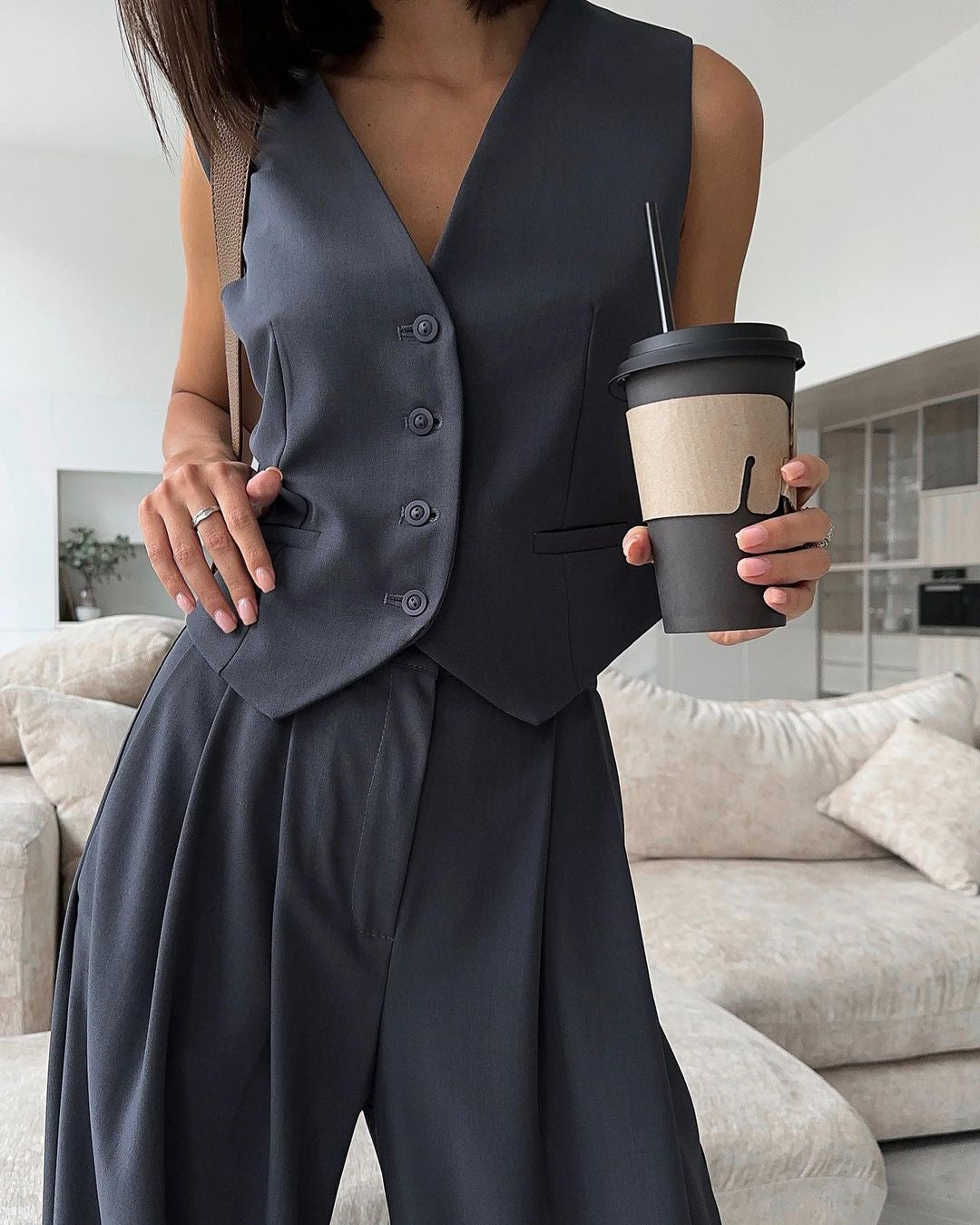 Sleek Sleeveless Vest with Wide-leg Trousers Two Piece Set